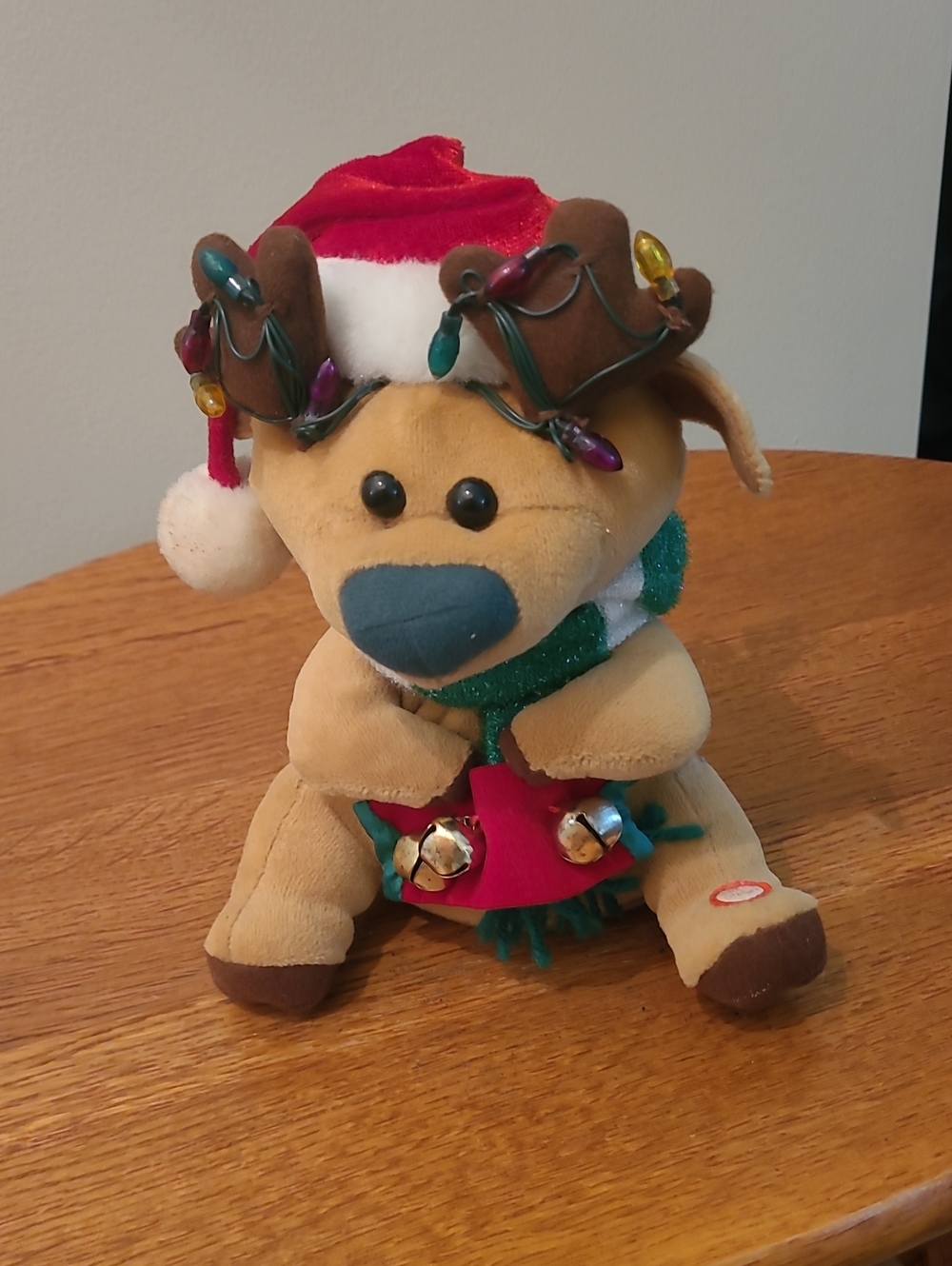 Plush Reindeer with Santa Hat and Jingle Bell and Lights